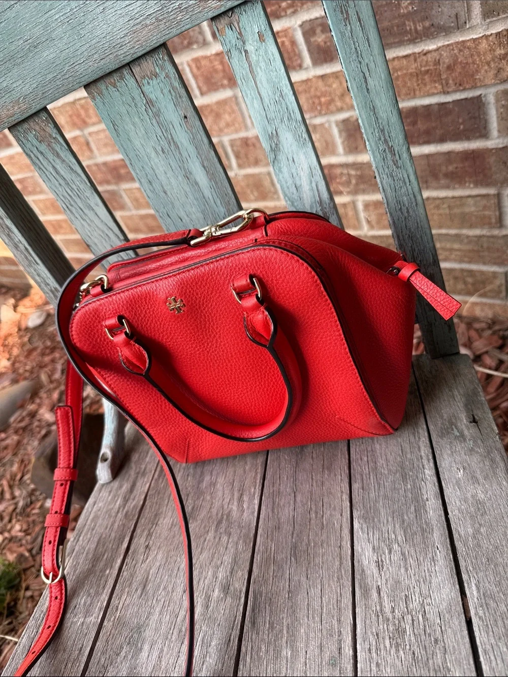 Tory Burch Coral-Red Pebbled Leather Mini Satchel with Detachable Strap